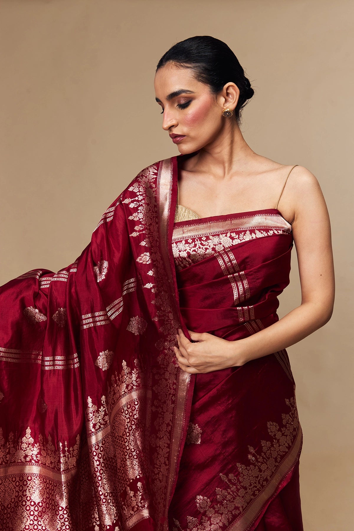 Soft and glossy mango silk fabric with woven zari butis