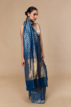 Model draped in azure blue satin tissue Banarasi saree with gold vine motifs