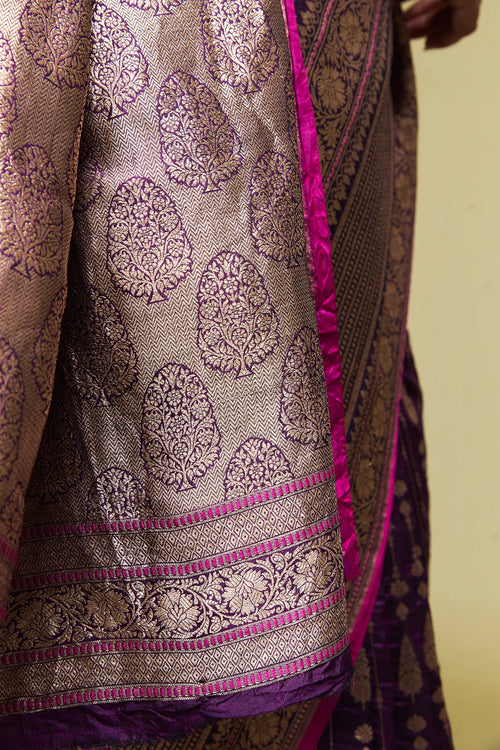 Close-up of the zari work and intricate border detailing on the Banarasi silk saree.