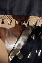 Midnight Elegance Banarasi Katan Silk Saree – Silver Zari Booti