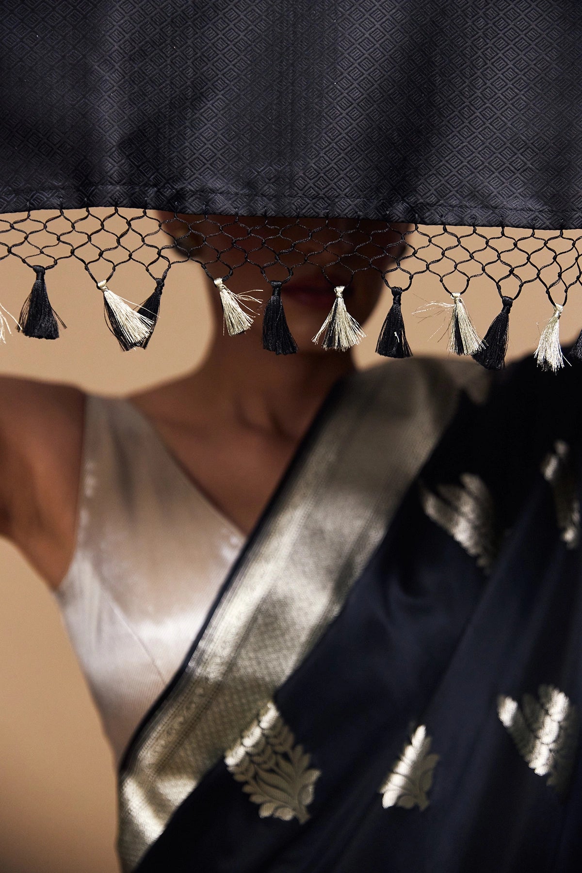 Midnight Elegance Banarasi Katan Silk Saree – Silver Zari Booti