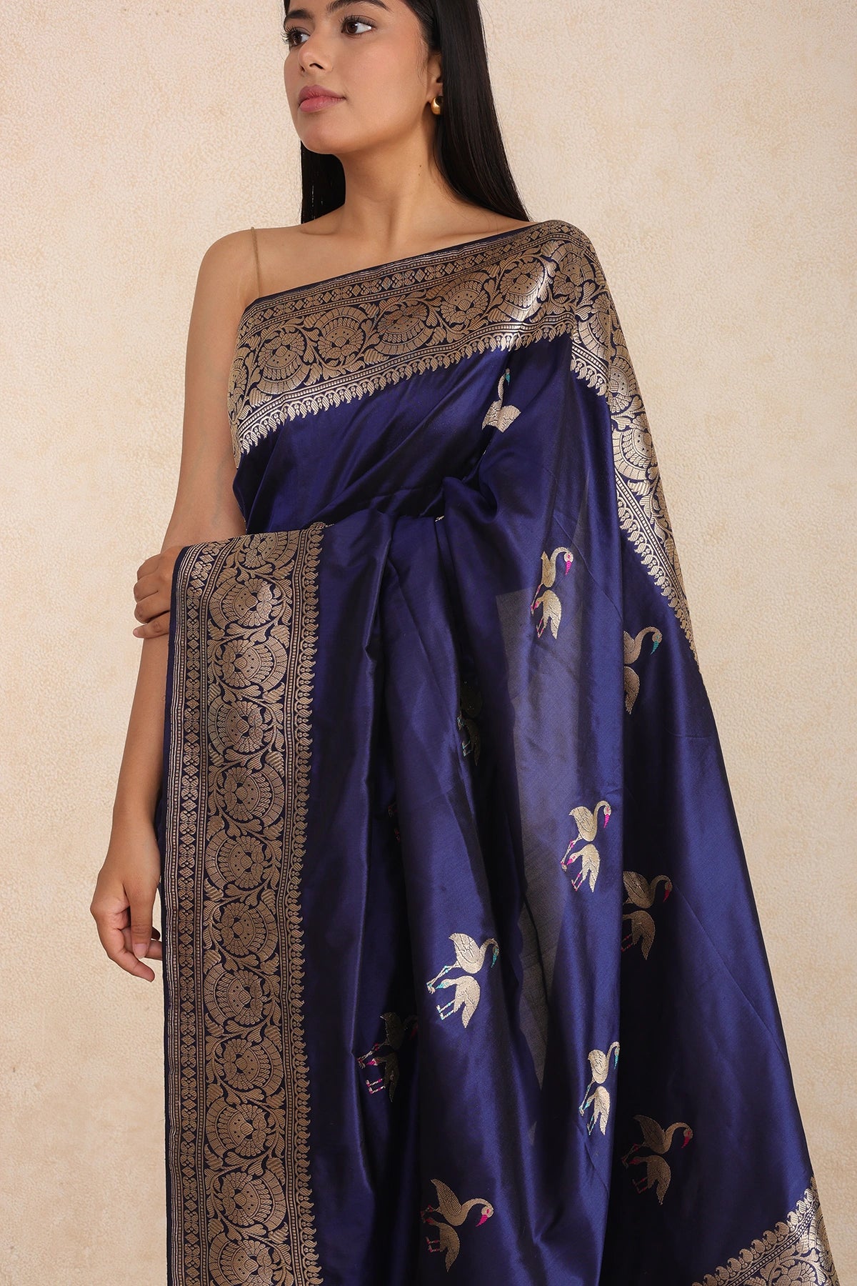 Navy Blue Pure Silk Banarasi Saree with Kadua Swan Motifs