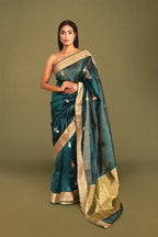 Teal Silk by Silk Chanderi Saree with Zari Border