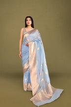 Sky Blue Pure Organza Silk Banarasi Saree with Sona Rupa Weave