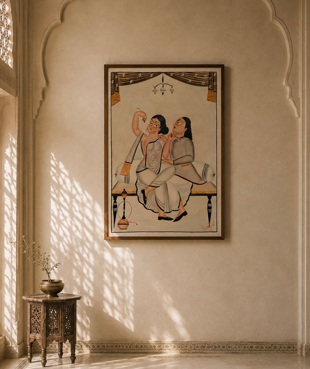 Hand-Painted Kalighat Art – Bengali Couple on a Traditional Bench