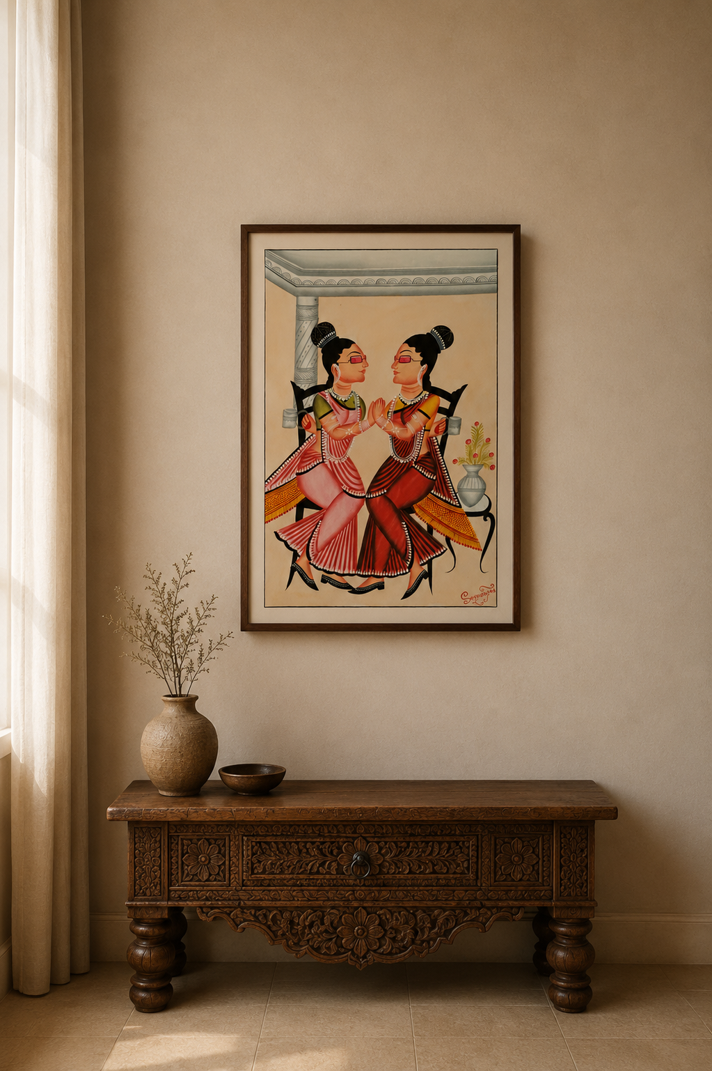 Hand-Painted Kalighat Art – Bengali Women Sharing a Conversation