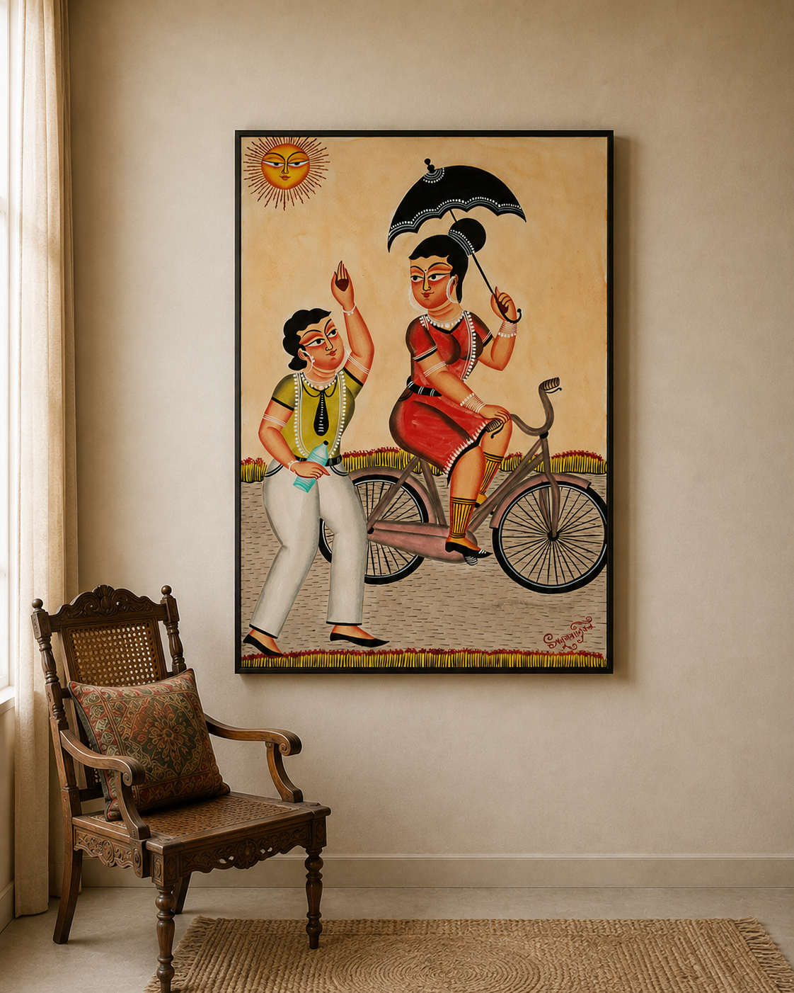 Hand-Painted Kalighat Art – Bengali Couple with Bicycle