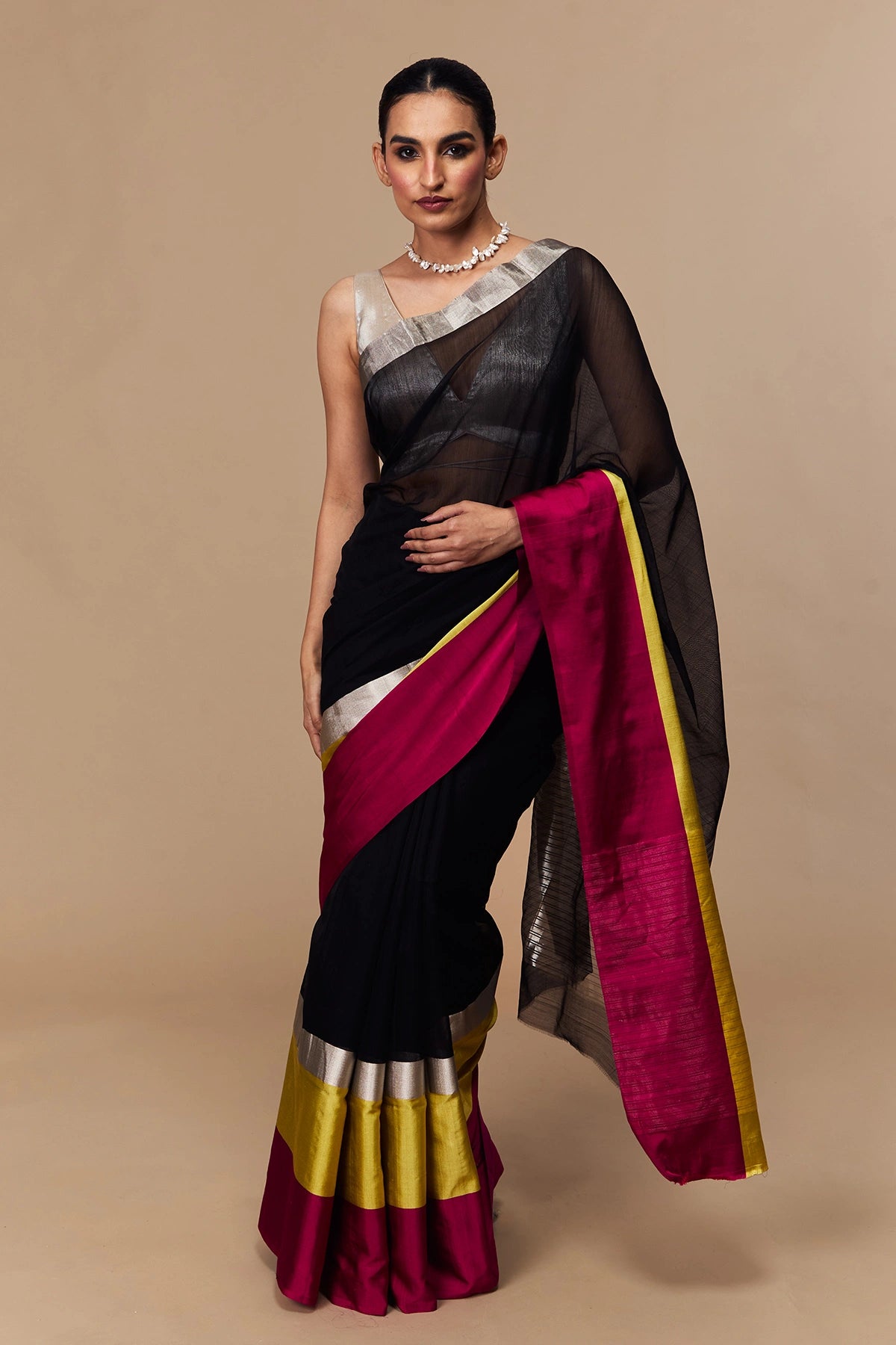 Handloom black Chanderi cotton saree with magenta and yellow border – full view