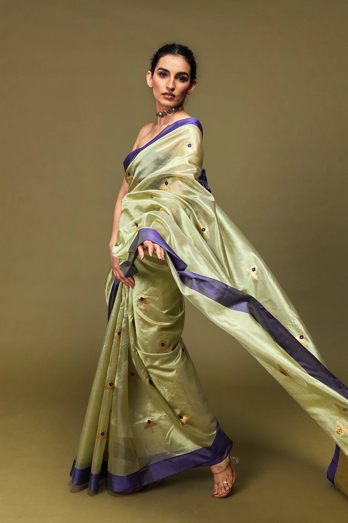 Full view of pista green Chanderi silk saree with lavender border