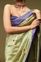 Model showcasing pista green Chanderi saree styling