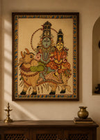 Hand-Painted Kalamkari Shiv Parvati on Nandi Wall Art – 60 × 40