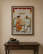 Hand-Painted Kalighat Art – Bengali Couple at a Traditional Table