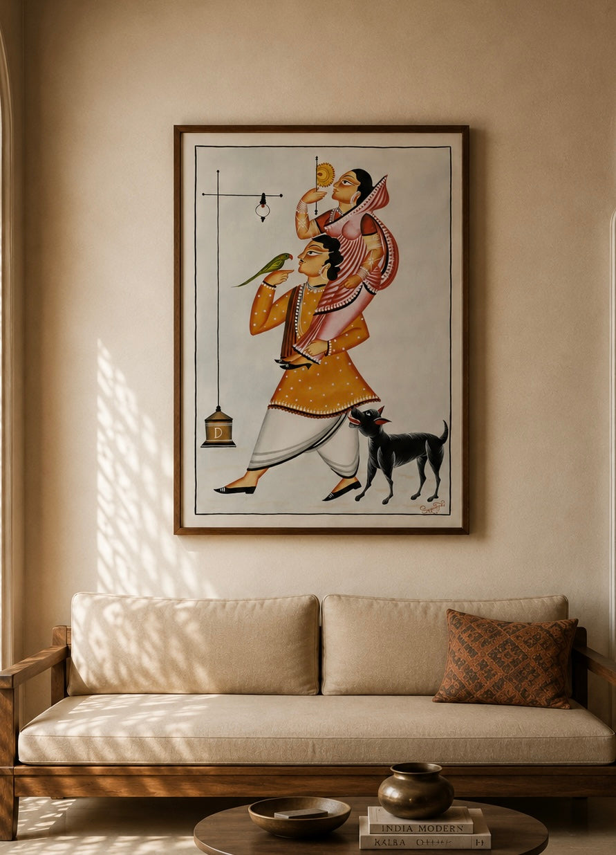 Hand-Painted Kalighat Art – Bengali Couple with Parrot & Dog