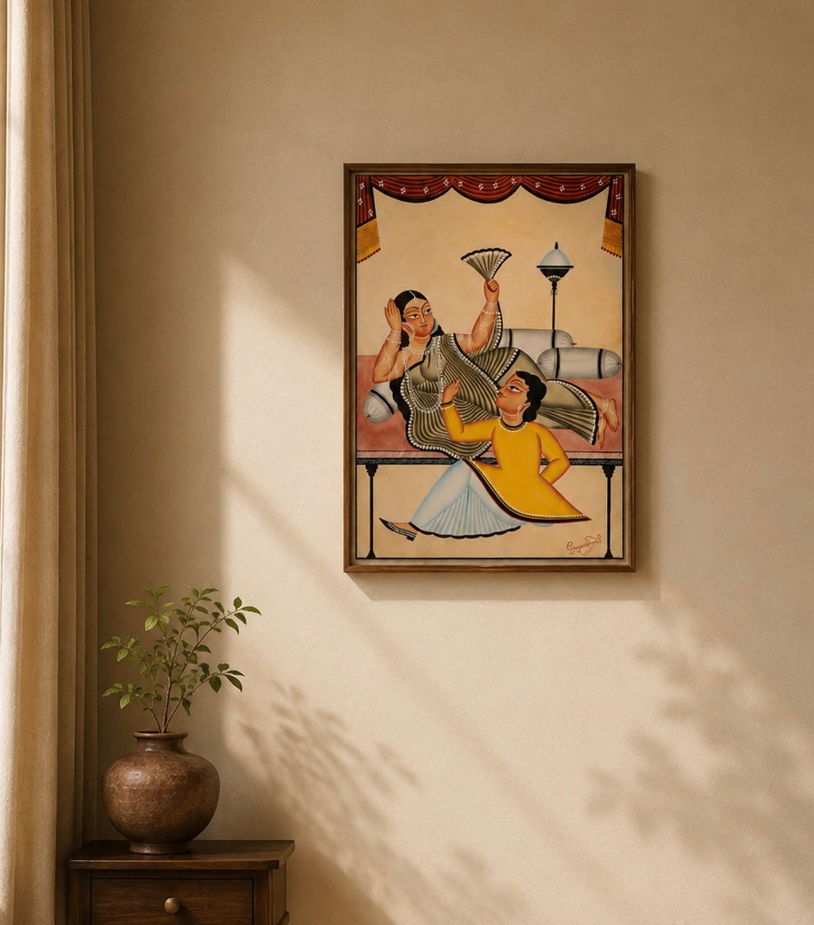 Hand-Painted Kalighat Art – Bengali Couple in a Traditional Interior