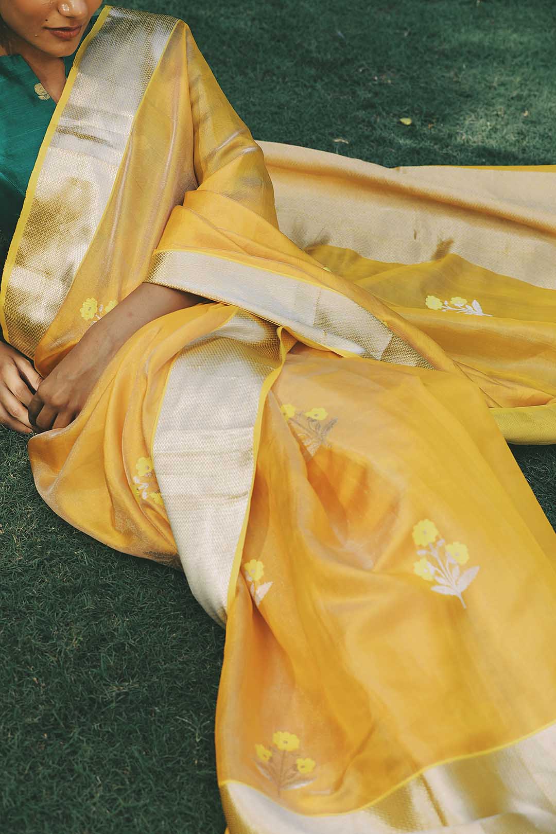 Yellow pure chanderi silk saree with zari border