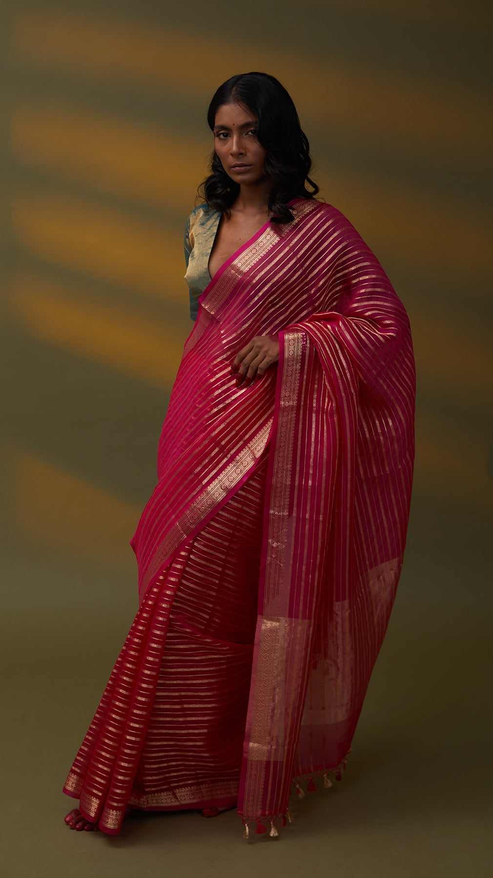 Image of a red Lehriya Organza Saree with Banarsi weaving