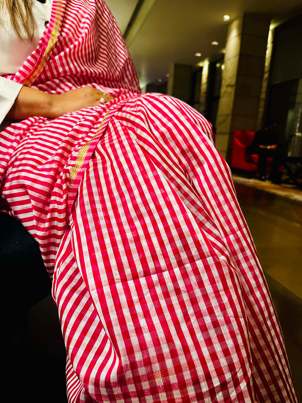 Red & White Striped Chanderi Silk Saree with Zari Pallu