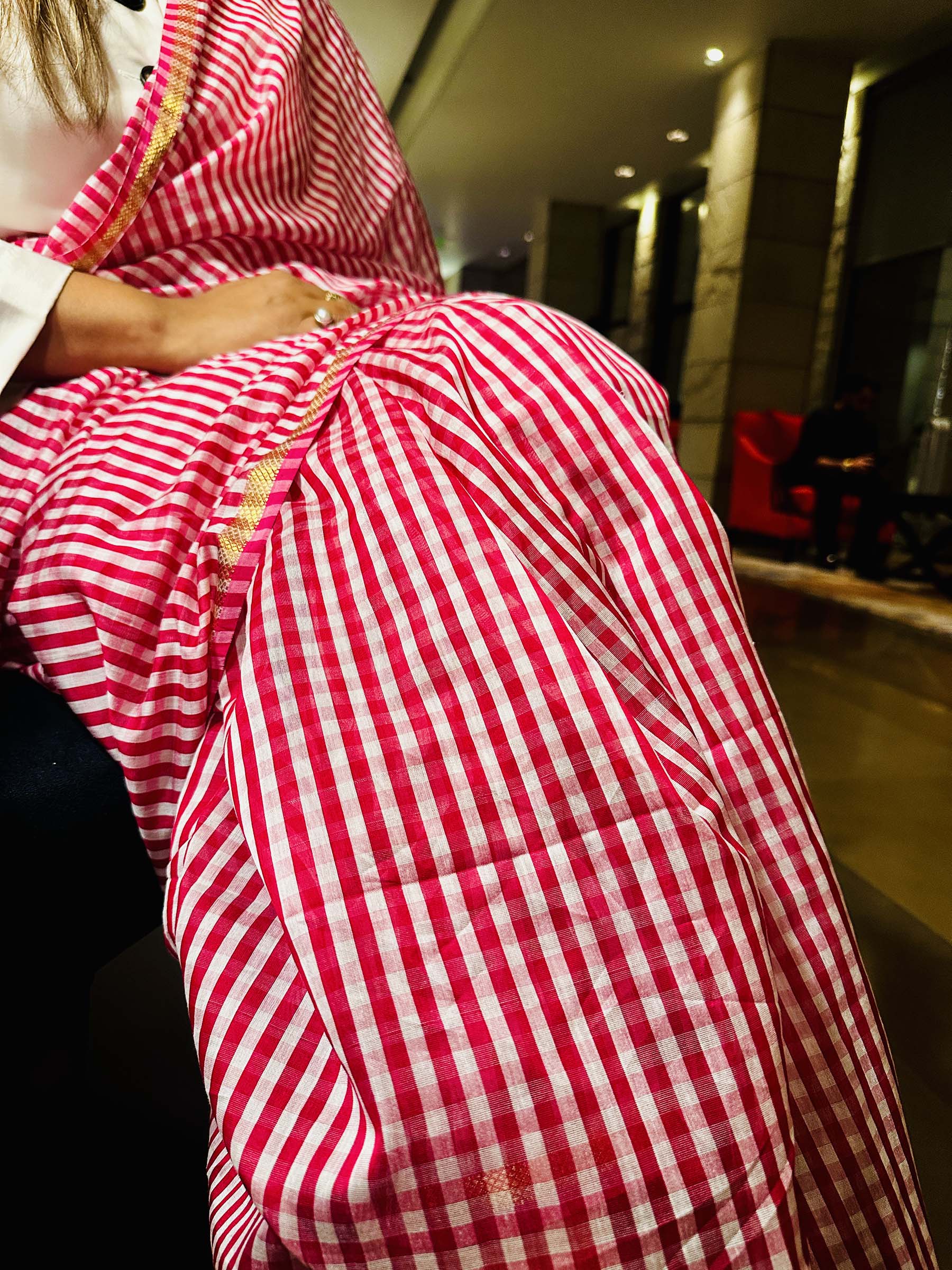 Red & White Striped Chanderi Silk Saree with Zari Pallu