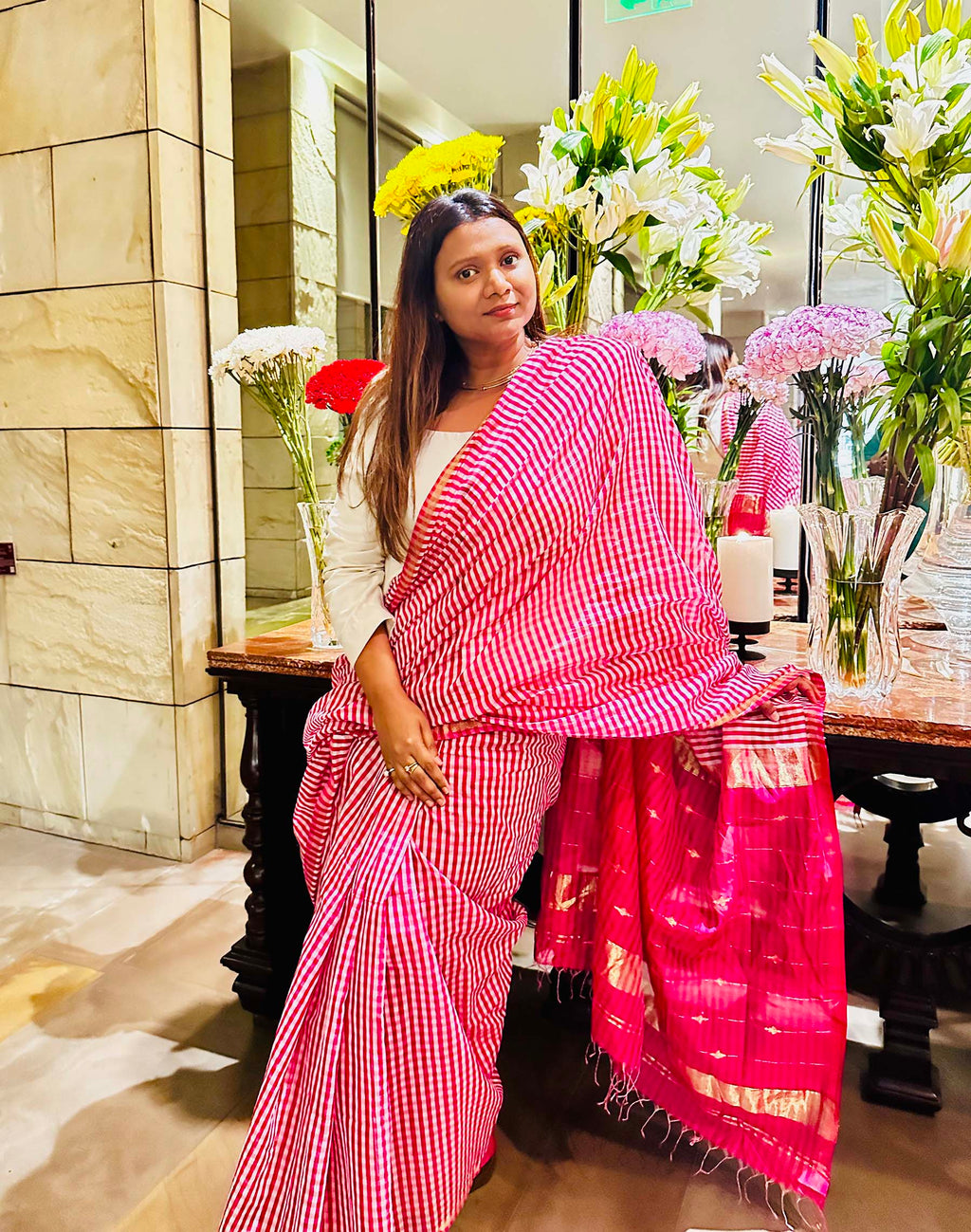 Red & White Striped Chanderi Silk Saree with Zari Pallu