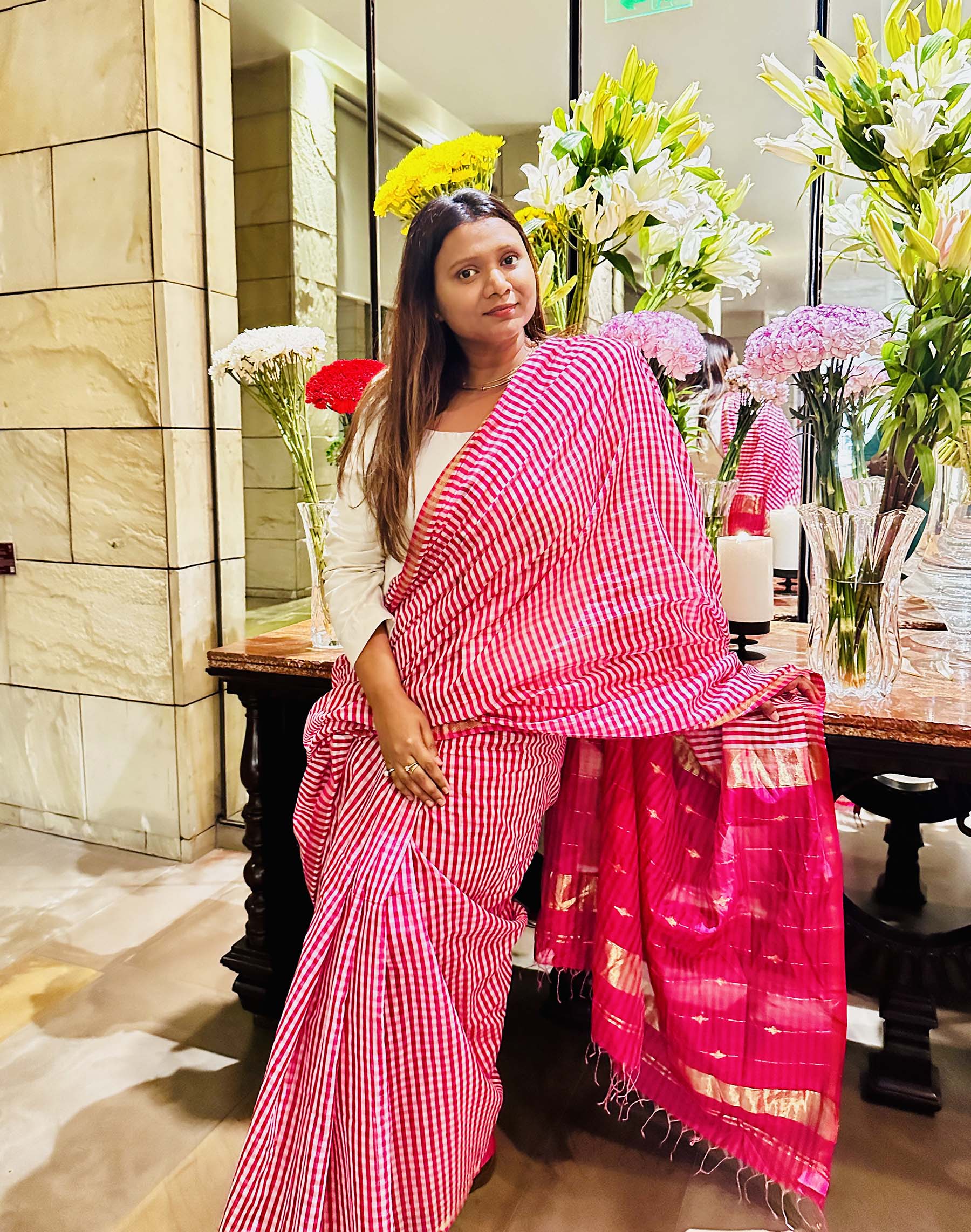 Red & White Striped Chanderi Silk Saree with Zari Pallu