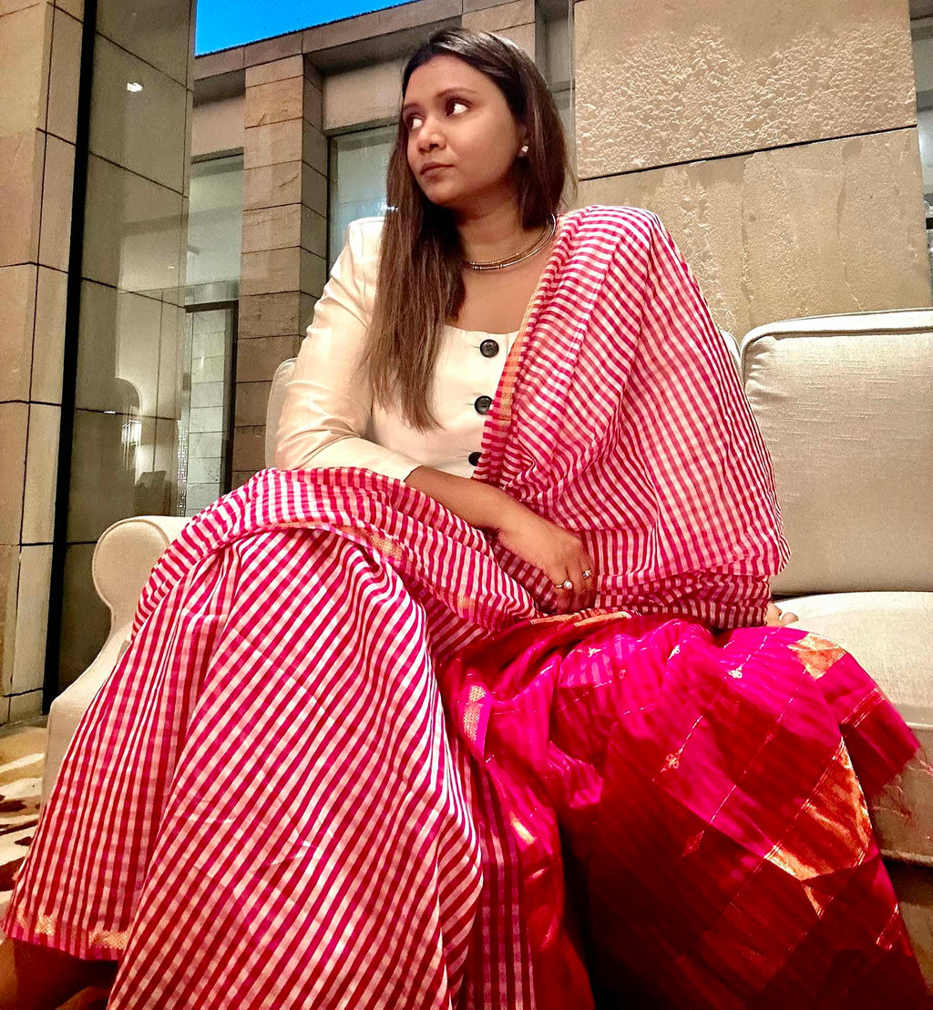 Red & White Striped Chanderi Silk Saree with Zari Pallu