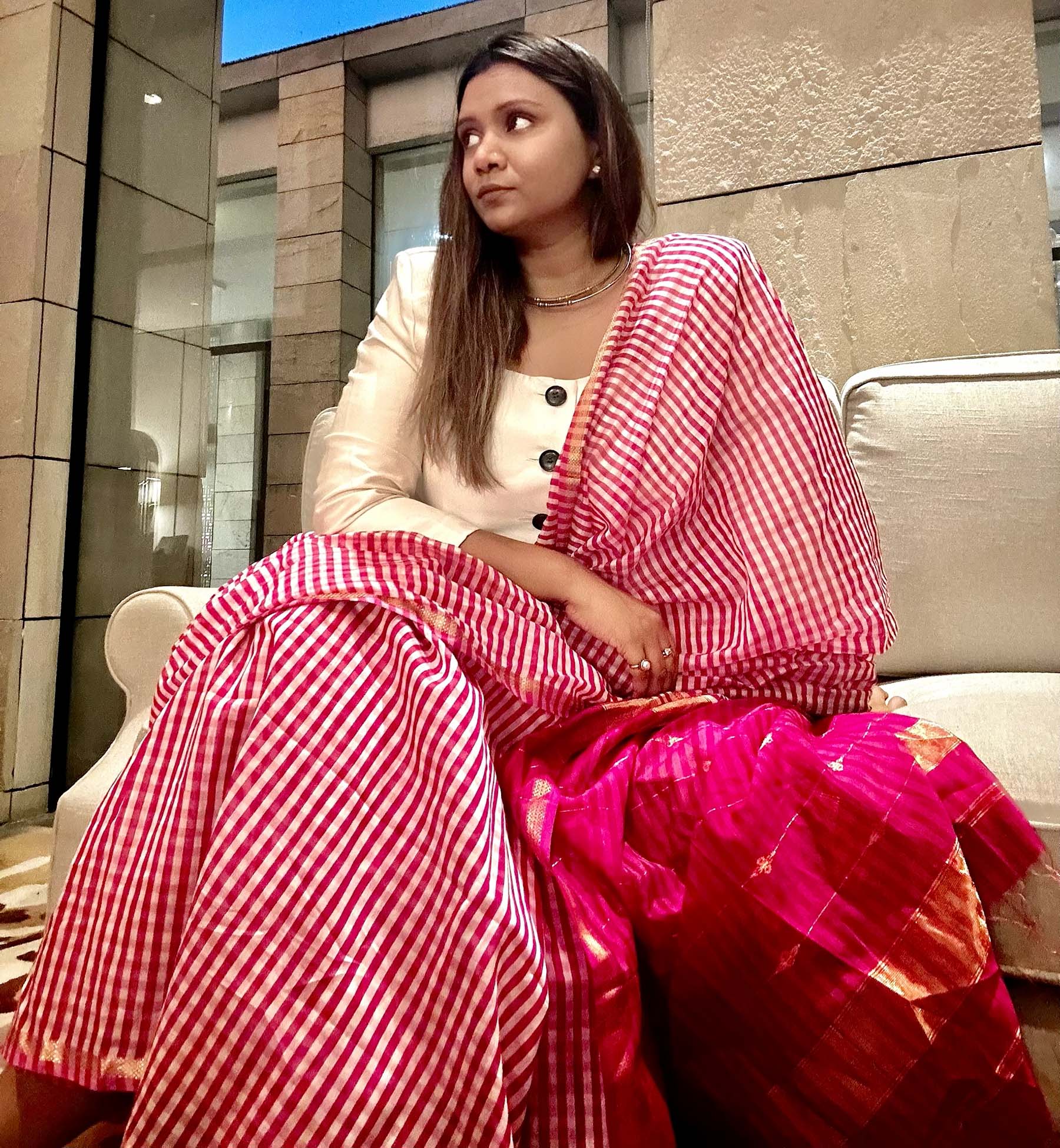 Red & White Striped Chanderi Silk Saree with Zari Pallu