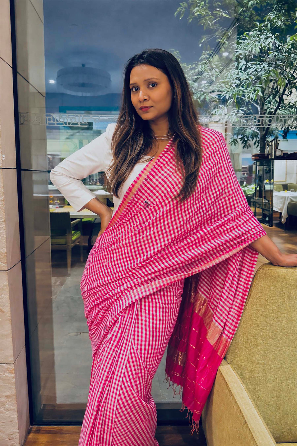 Red & White Striped Chanderi Silk Saree with Zari Pallu