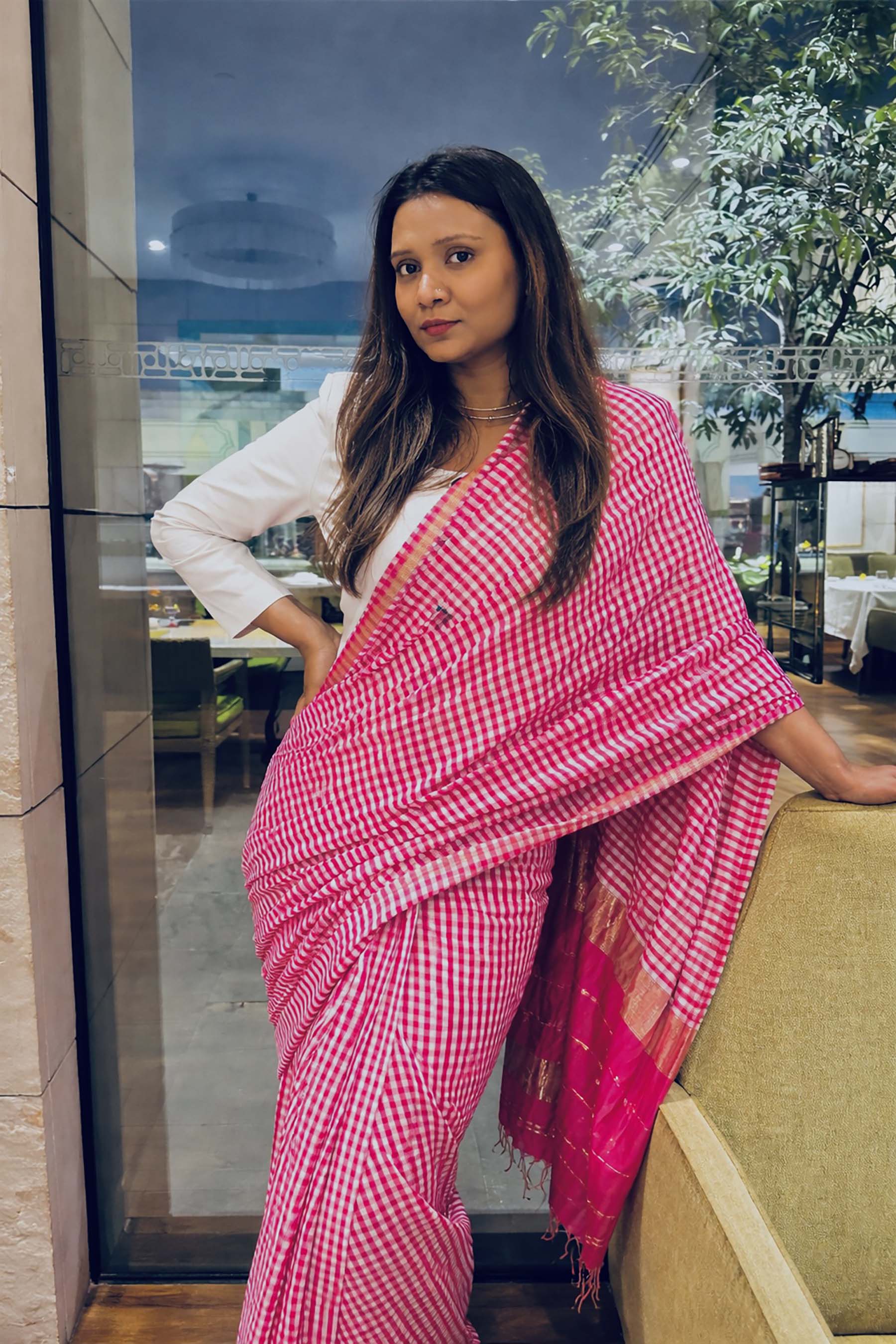 Red & White Striped Chanderi Silk Saree with Zari Pallu