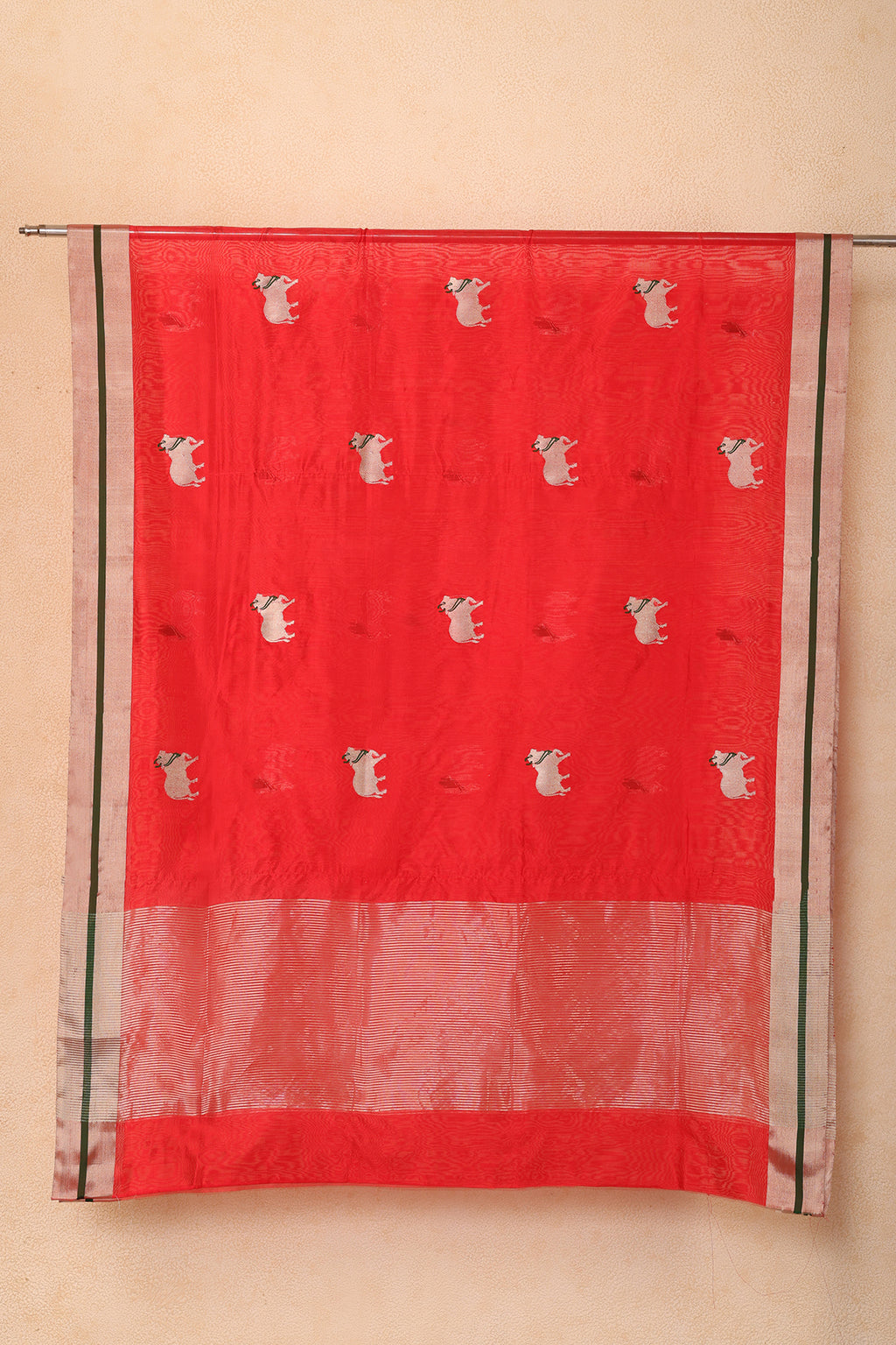 Red Chanderi Silk Dupatta with Handwoven Nandi Motifs