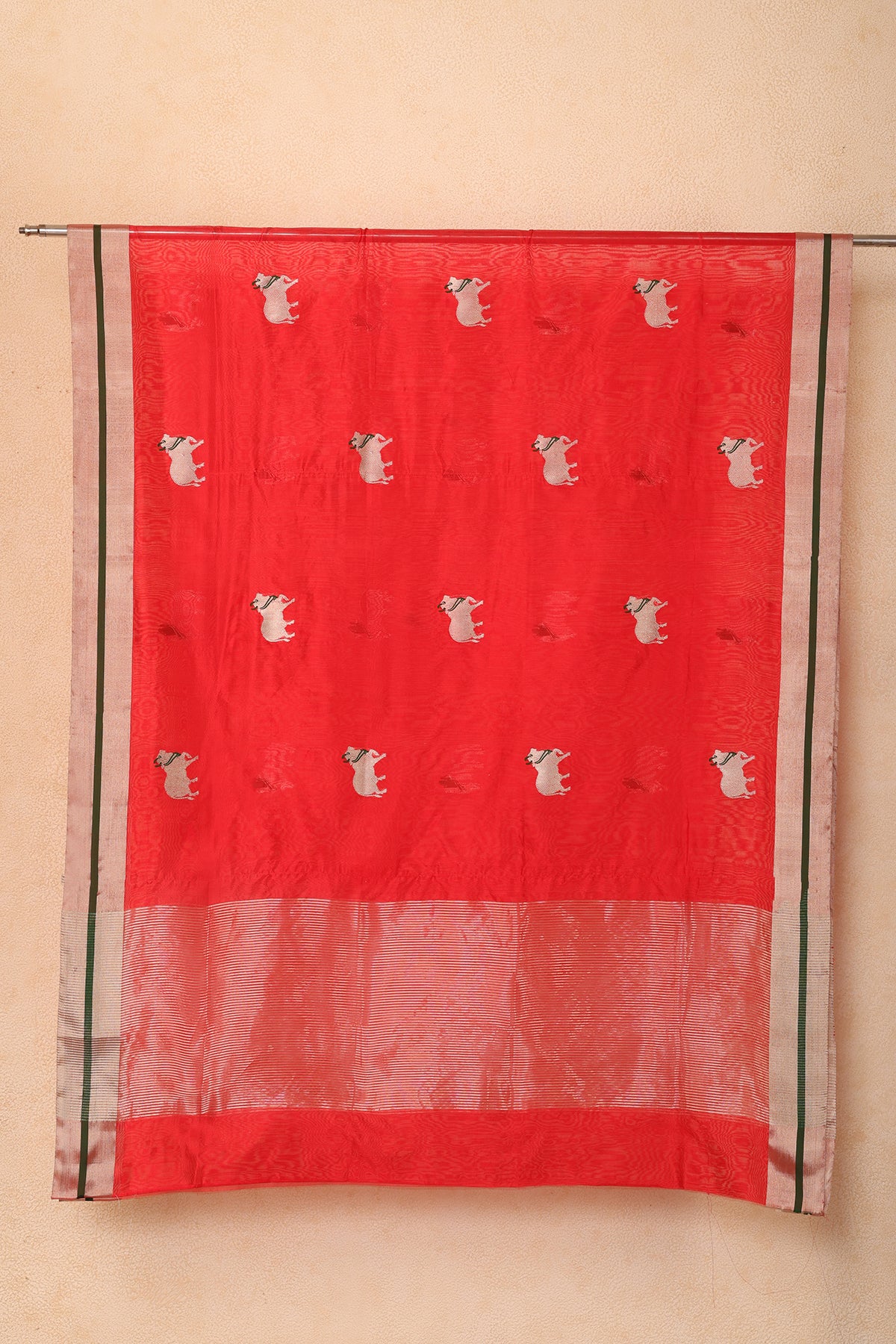 Red Chanderi Silk Dupatta with Handwoven Nandi Motifs
