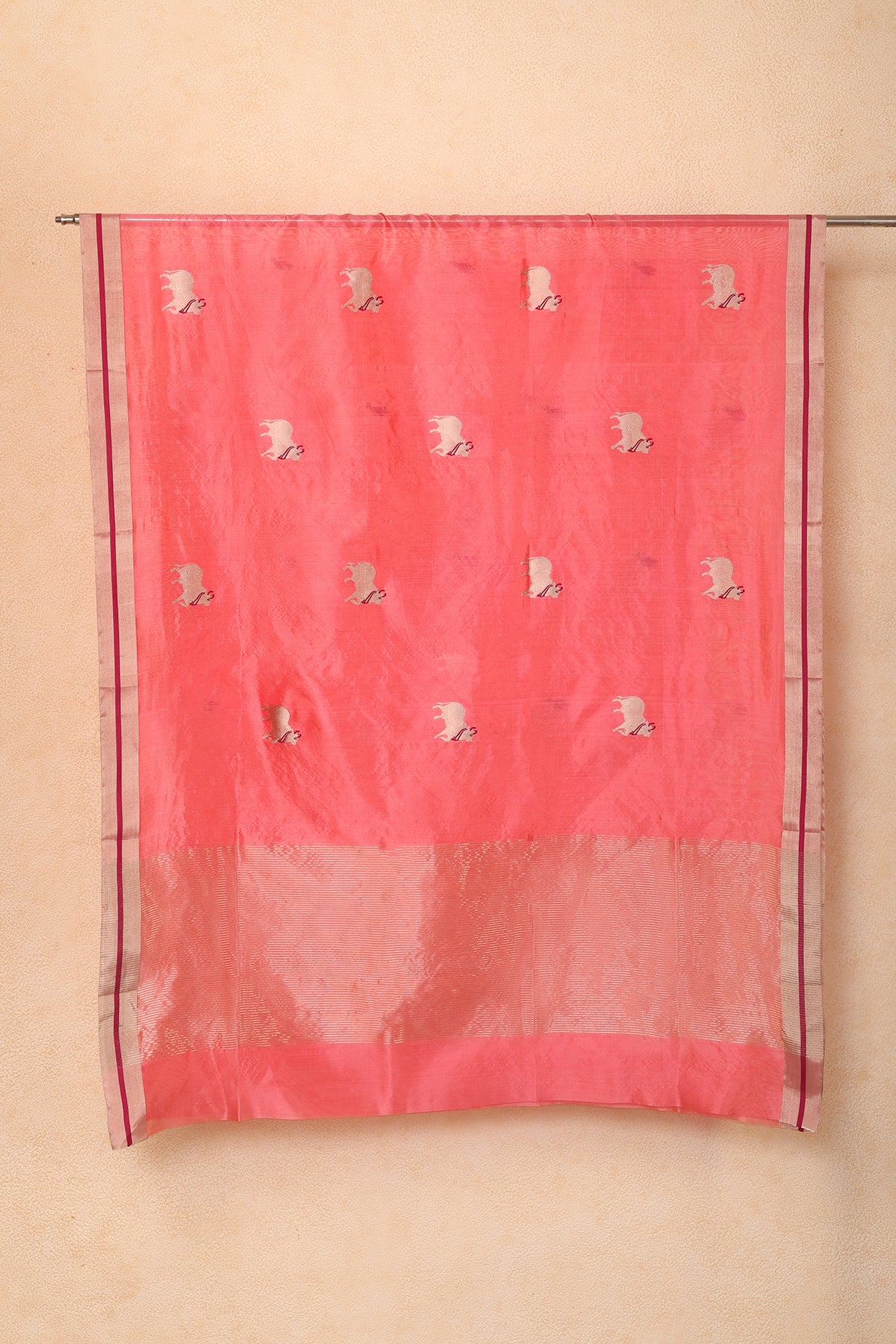 Coral Chanderi Silk Dupatta with Handwoven Nandi Motifs