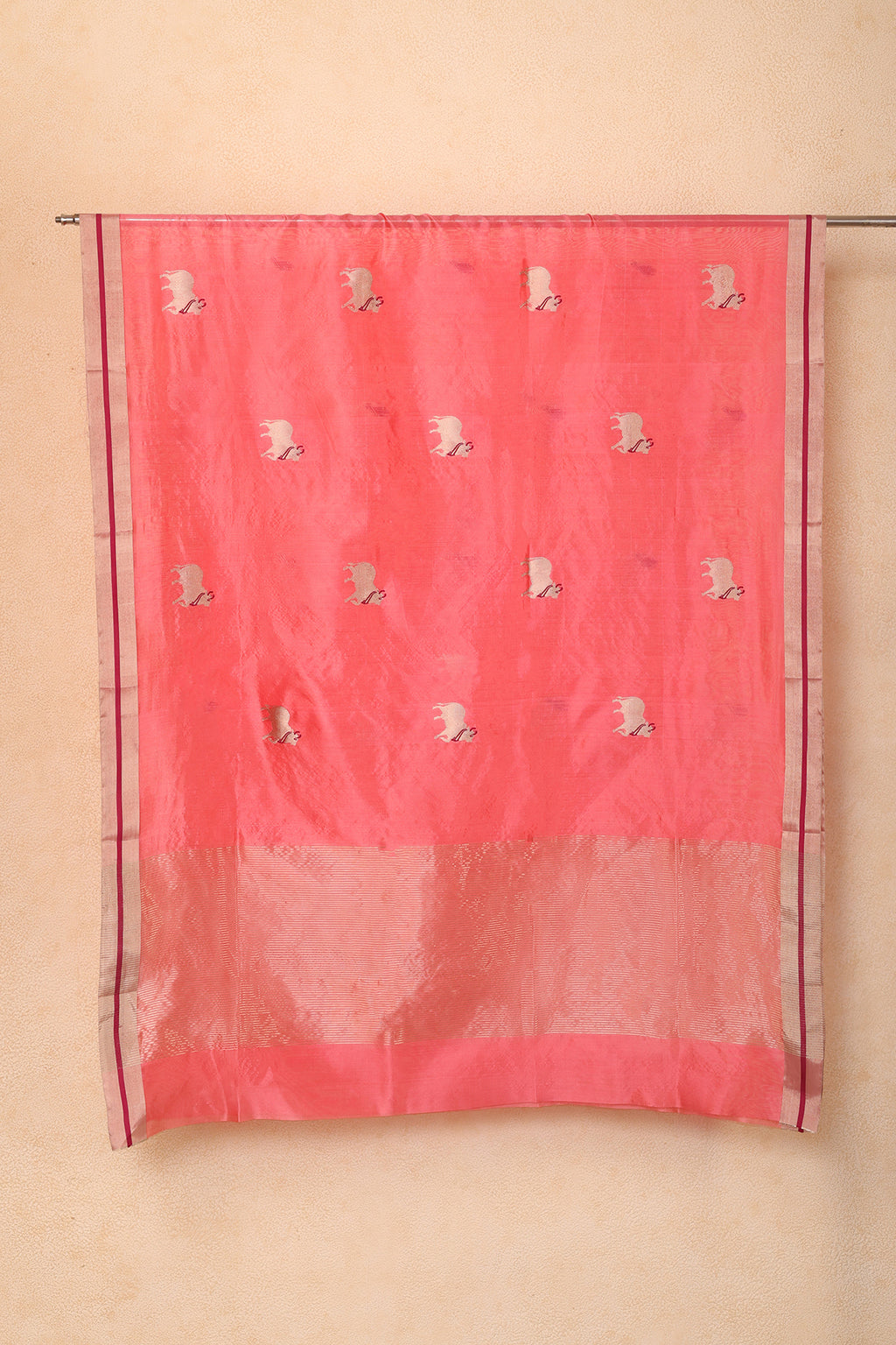 Coral Chanderi Silk Dupatta with Handwoven Nandi Motifs