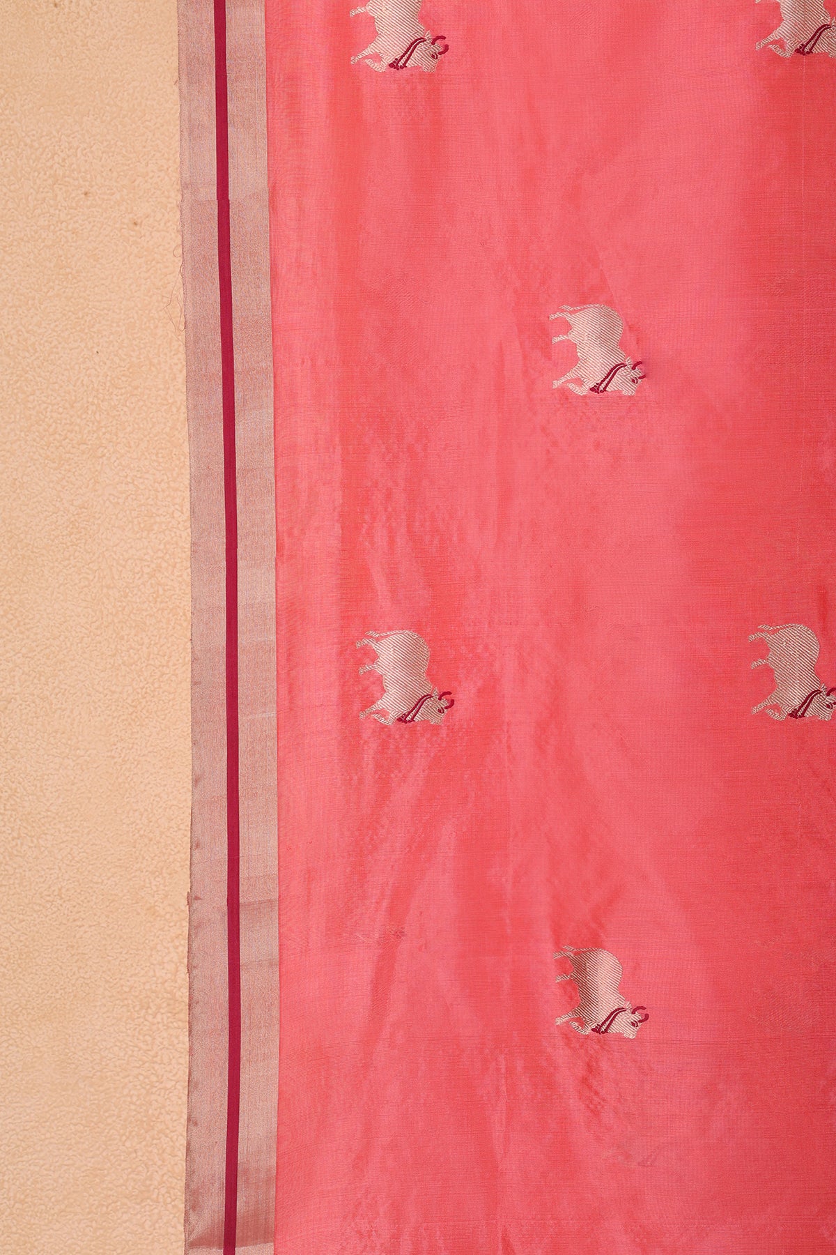 Coral Chanderi Silk Dupatta with Handwoven Nandi Motifs