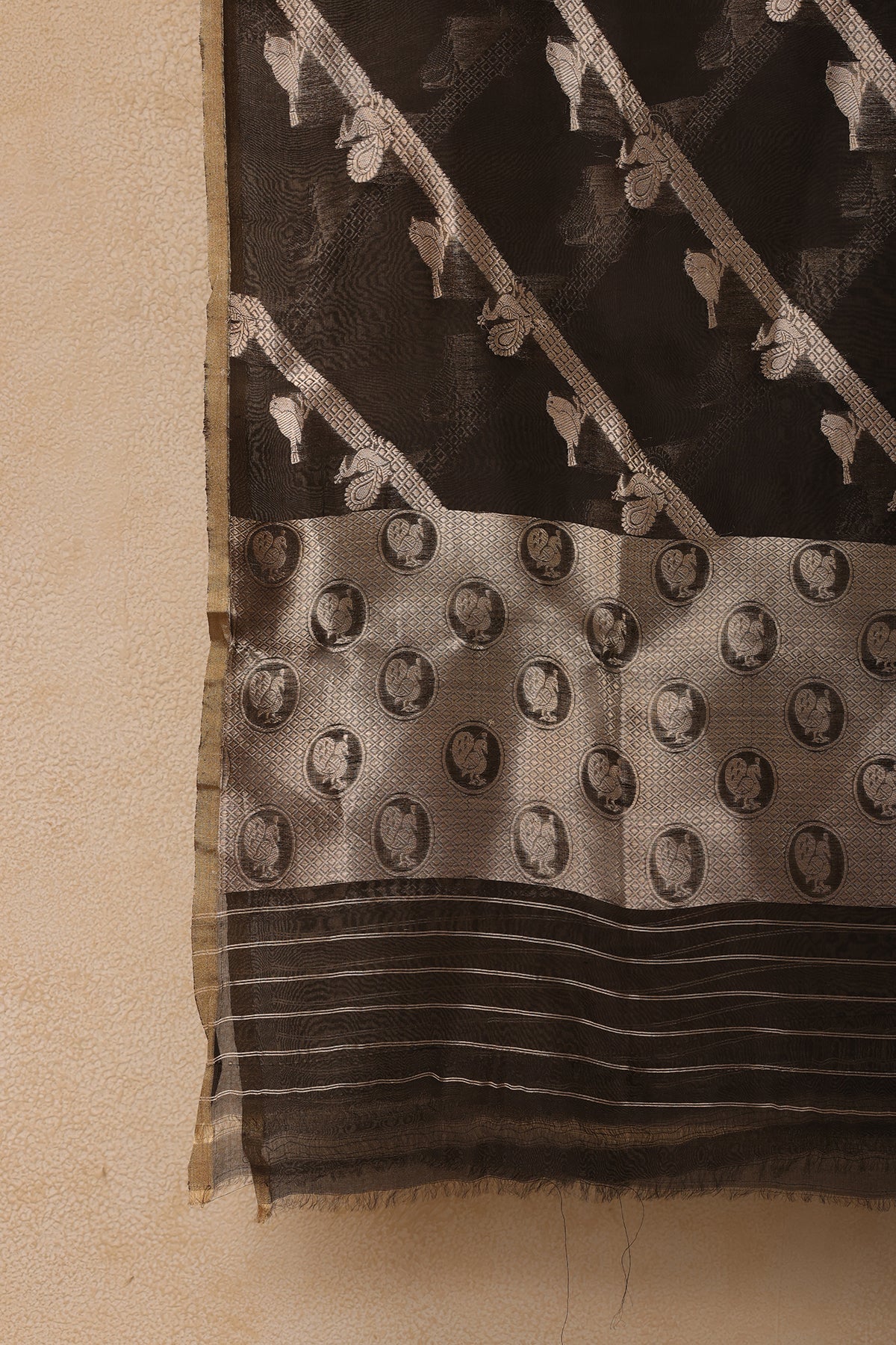 Pure Tissue Dupatta with Handwoven Peacock and Bird Motifs – Black