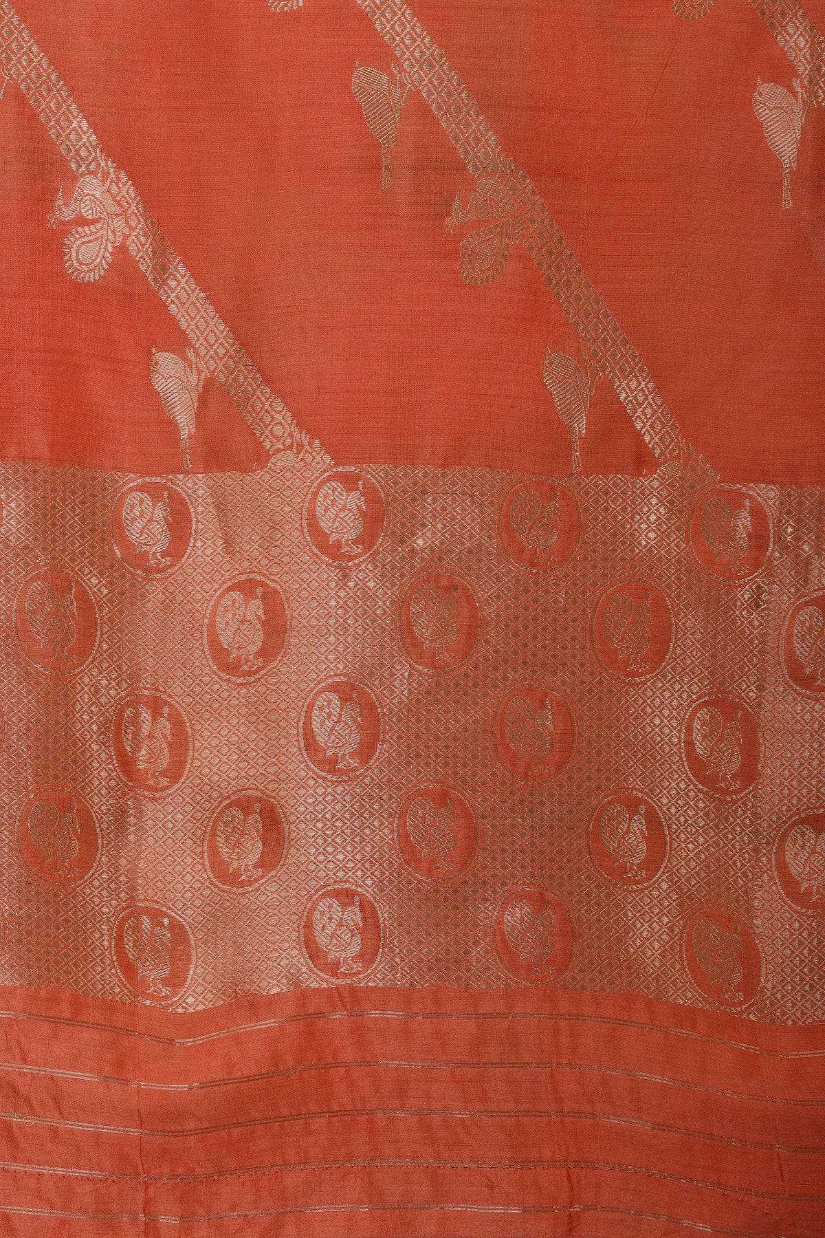Pure Tissue Dupatta with Handwoven Peacock and Bird Motifs – Orange