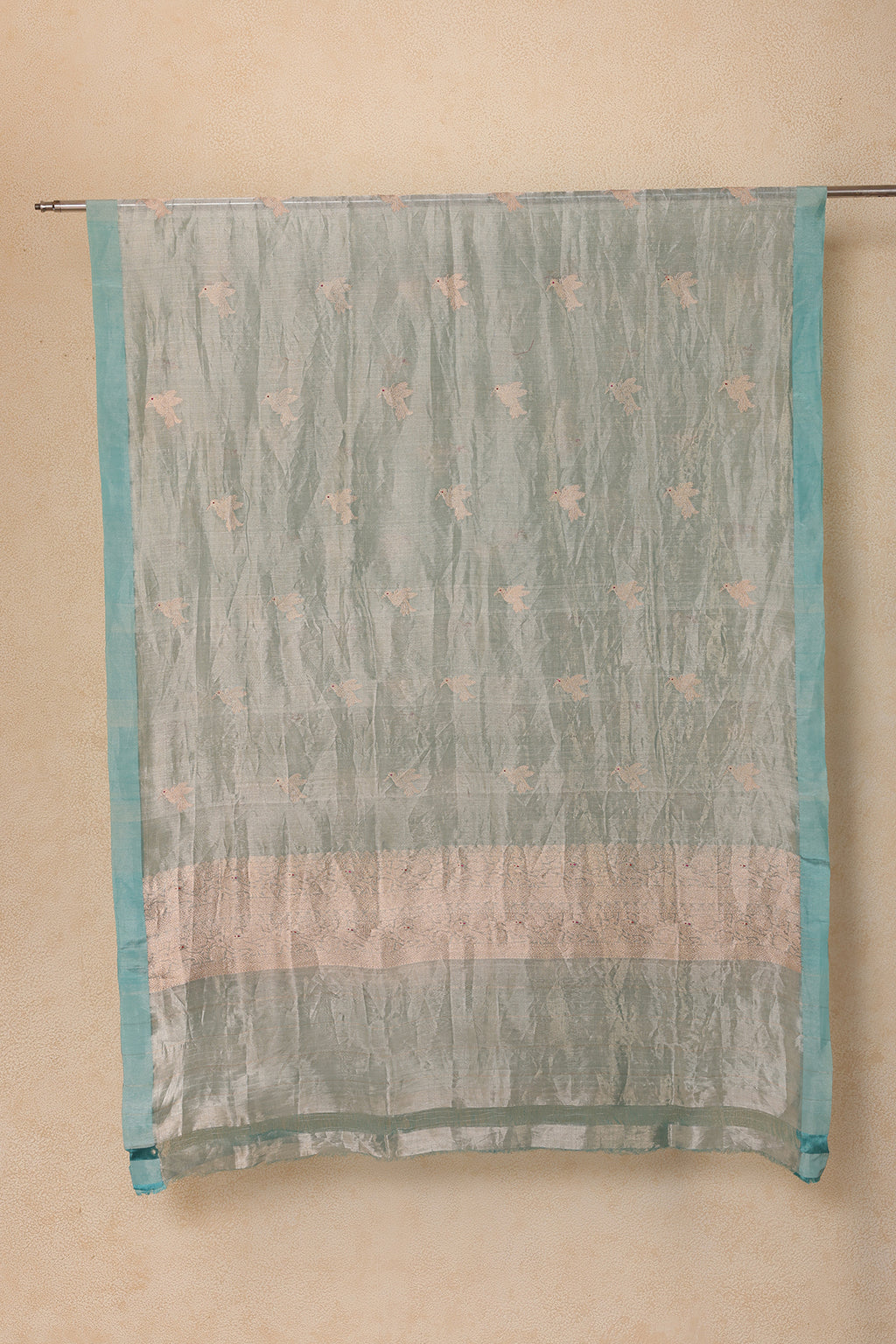 Pure Tissue Dupatta with Handwoven Bird Motifs – Pastel Green