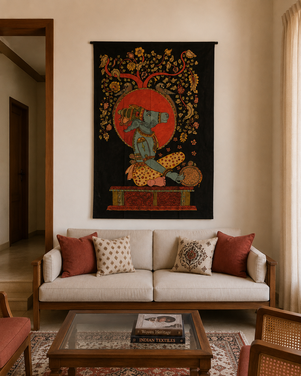 Hand-Painted Kalamkari Nandeshwar God Wall Art – 60 × 40 Inches
