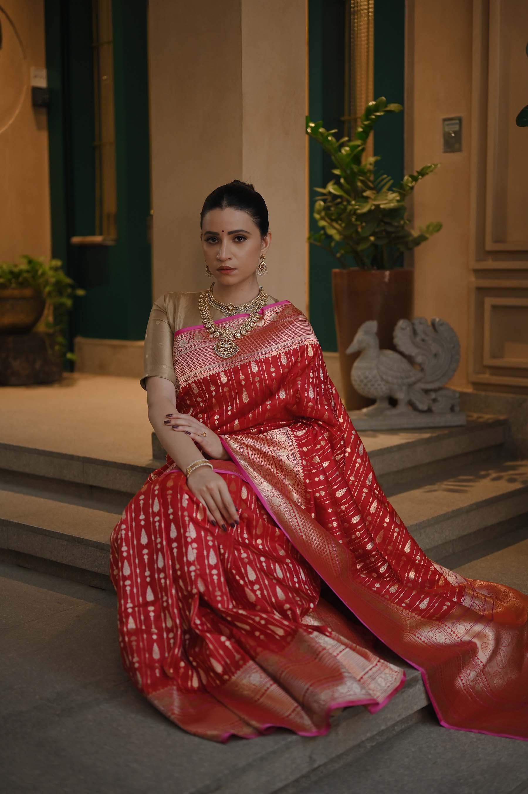 Royal Red Banarasi Katan Silk Saree with Golden Zari