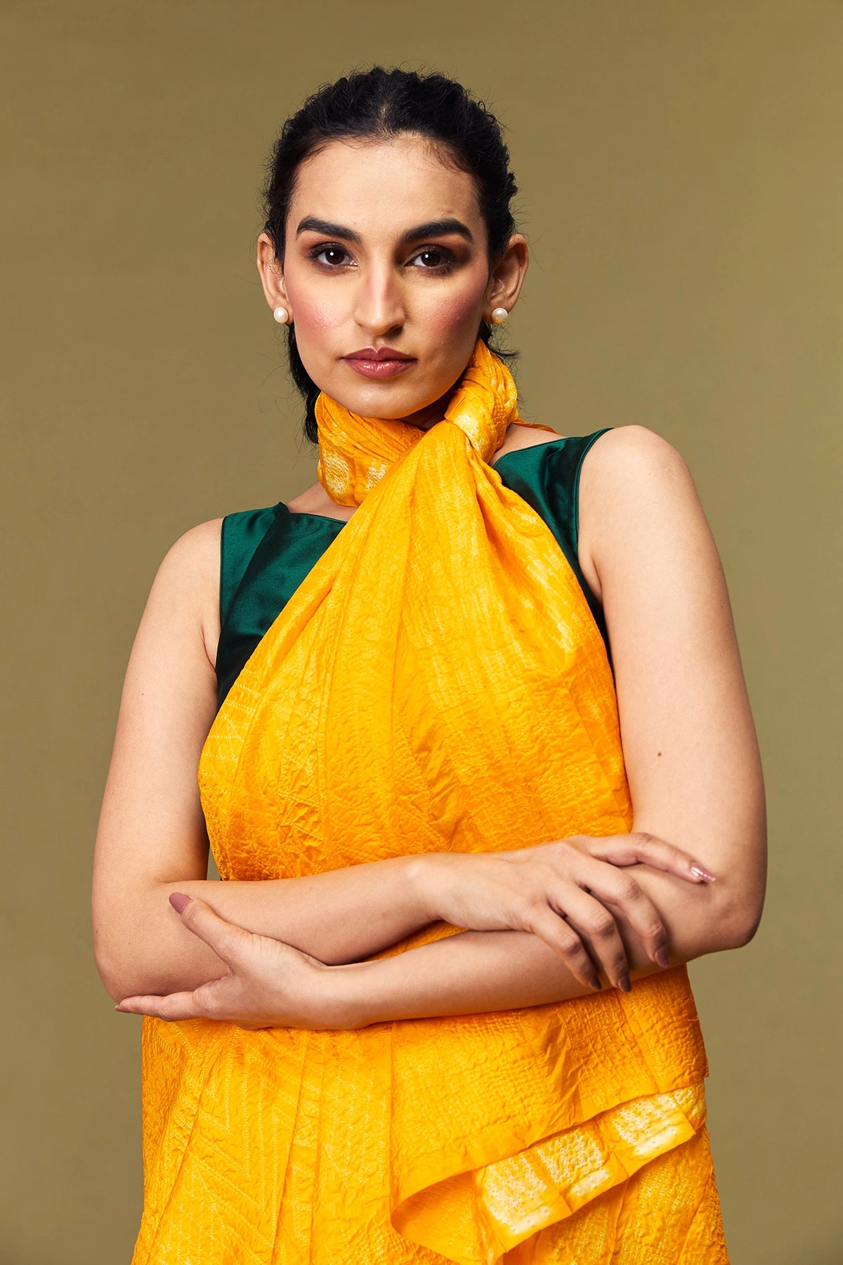 Close-up of intricate Shibori patterns on the pallu