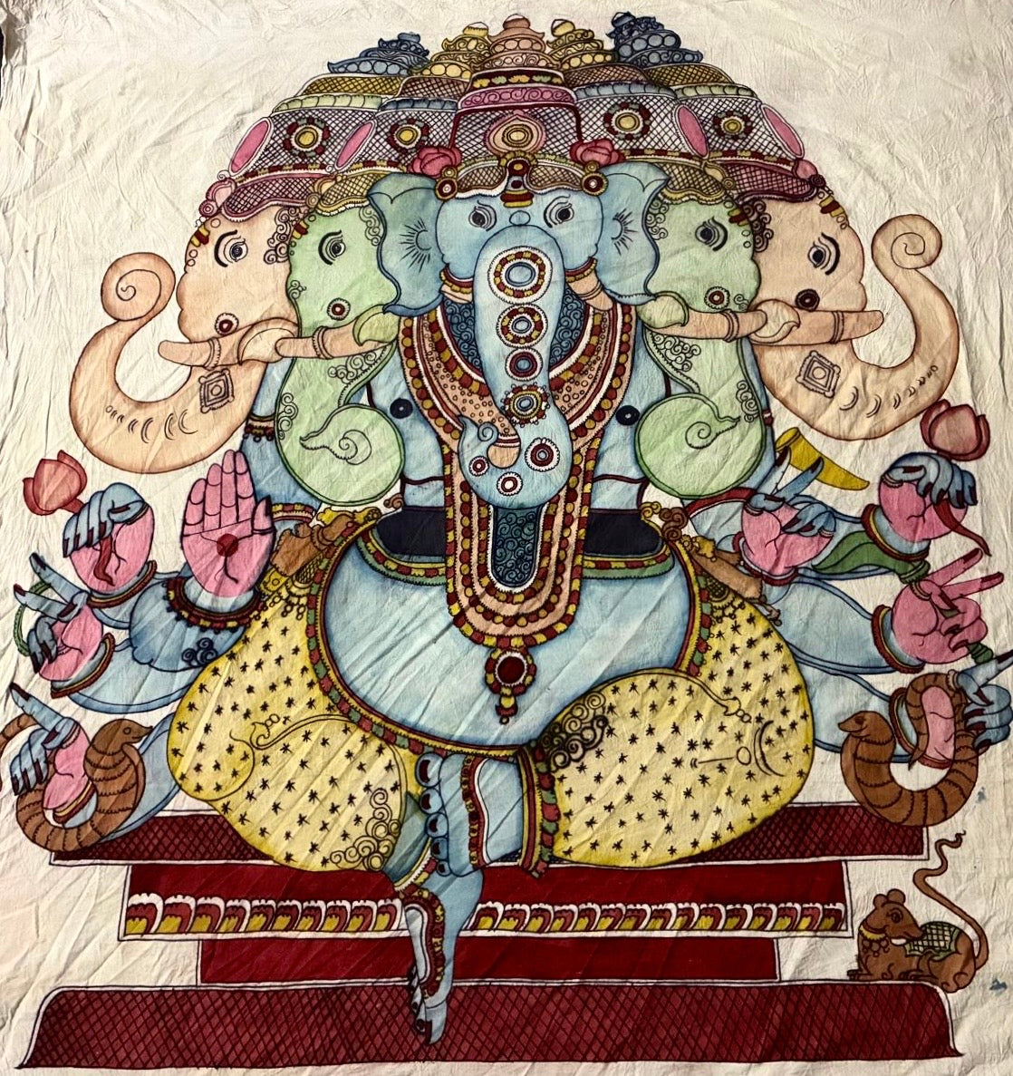 Hand-painted Pancha Mukha Ganesha wall art with five faces, lotus flowers and intricate traditional details