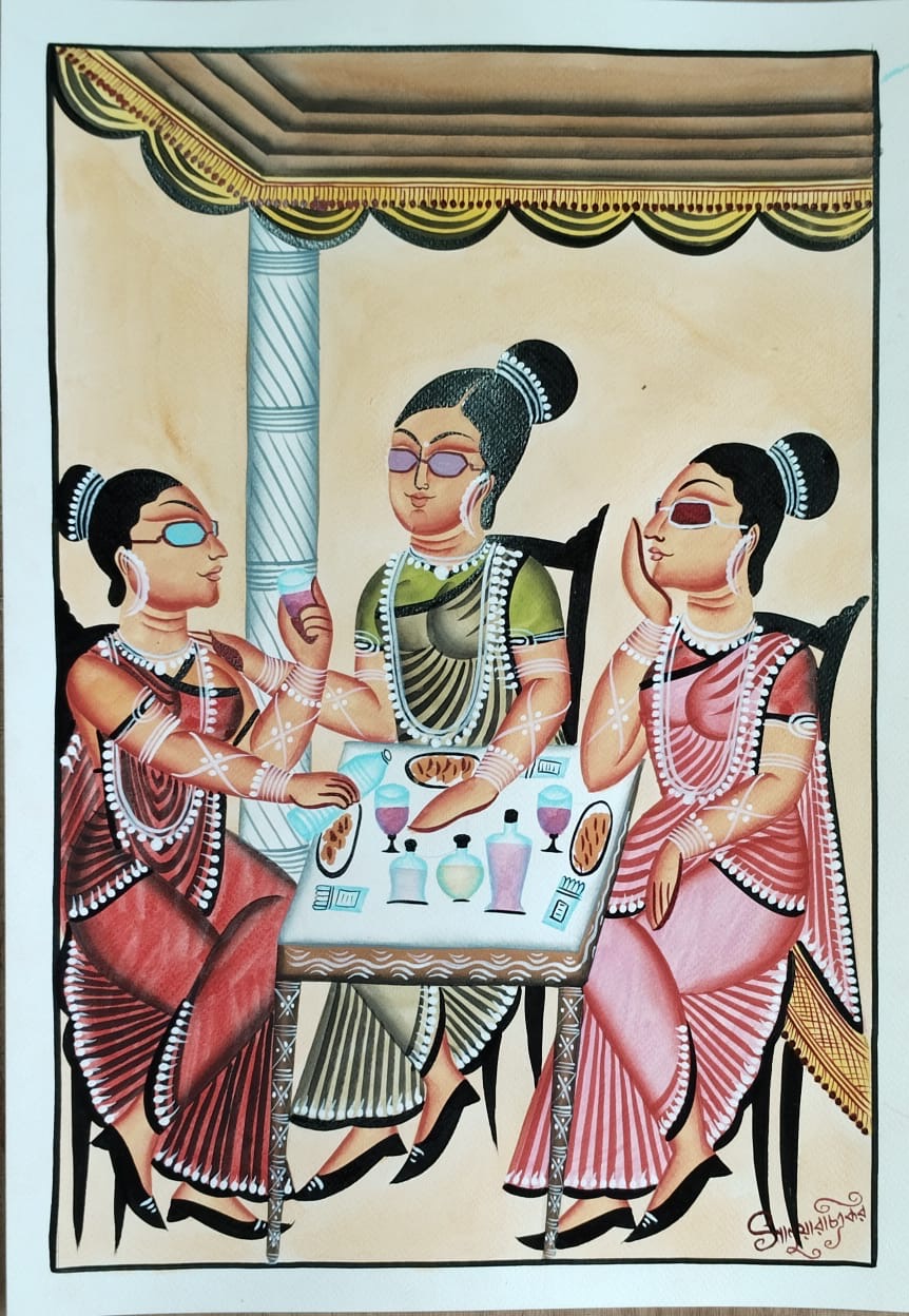 A traditional Indian folk art painting depicting three women gathered around a table under a canopy, rendered in earthy tones of red, pink, green, and beige.