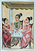 A traditional Indian folk art painting depicting three women gathered around a table under a canopy, rendered in earthy tones of red, pink, green, and beige.