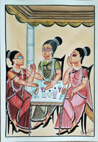 A traditional Indian folk art painting depicting three women gathered around a table under a canopy, rendered in earthy tones of red, pink, green, and beige.