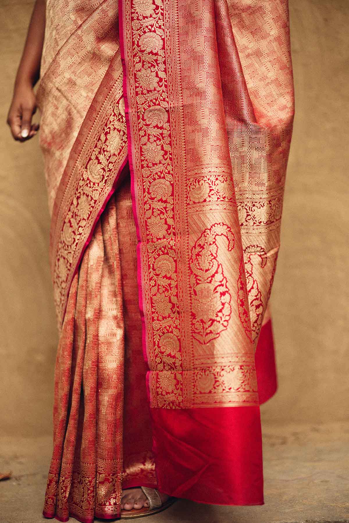 Pure Katan Silk Banarasi Tanchoi Brocade Saree – Red & Gold