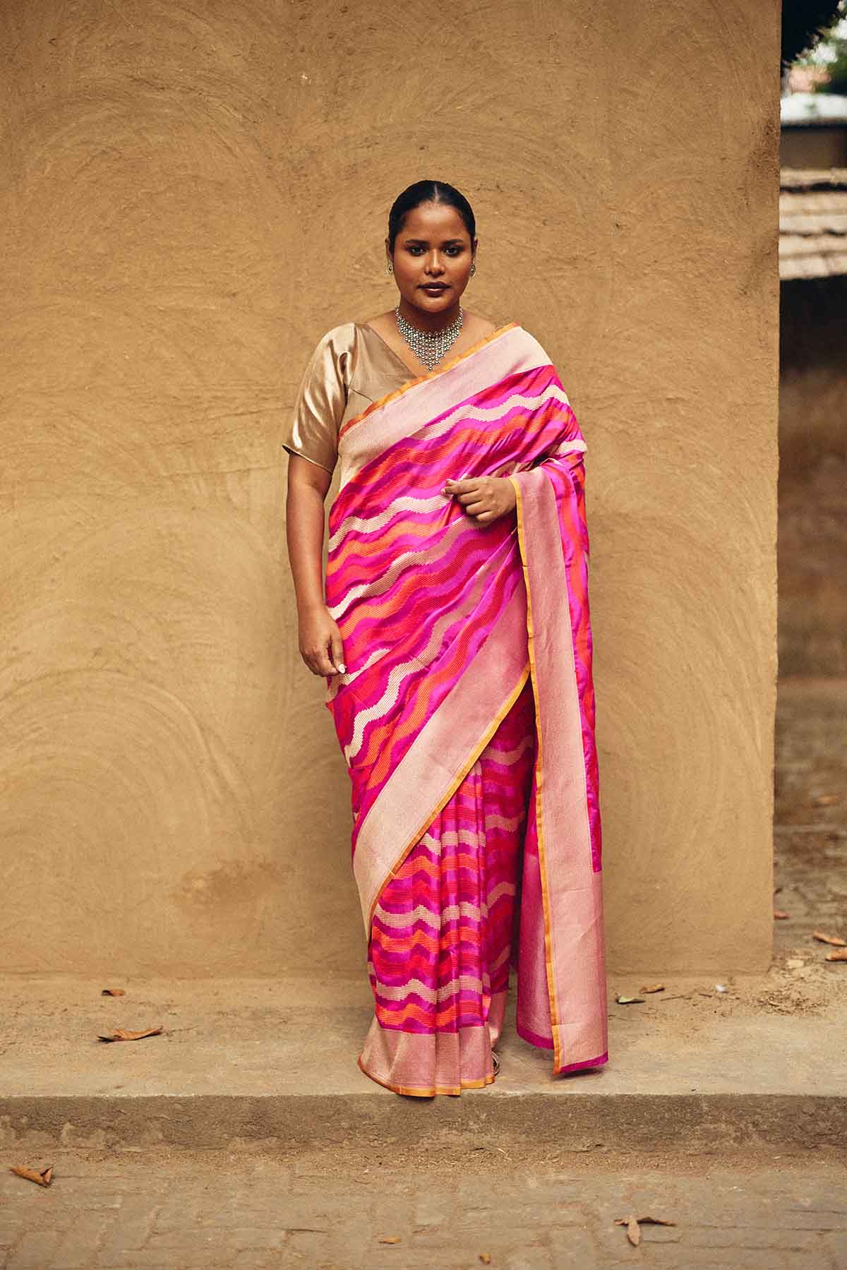 Pure Katan Silk Banarasi Saree with Contemporary Geometric Weave – Pink & Orange