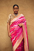 Pure Katan Silk Banarasi Saree with Contemporary Geometric Weave – Pink & Orange