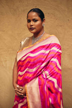 Pure Katan Silk Banarasi Saree with Contemporary Geometric Weave – Pink & Orange