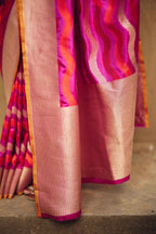 Pure Katan Silk Banarasi Saree with Contemporary Geometric Weave – Pink & Orange