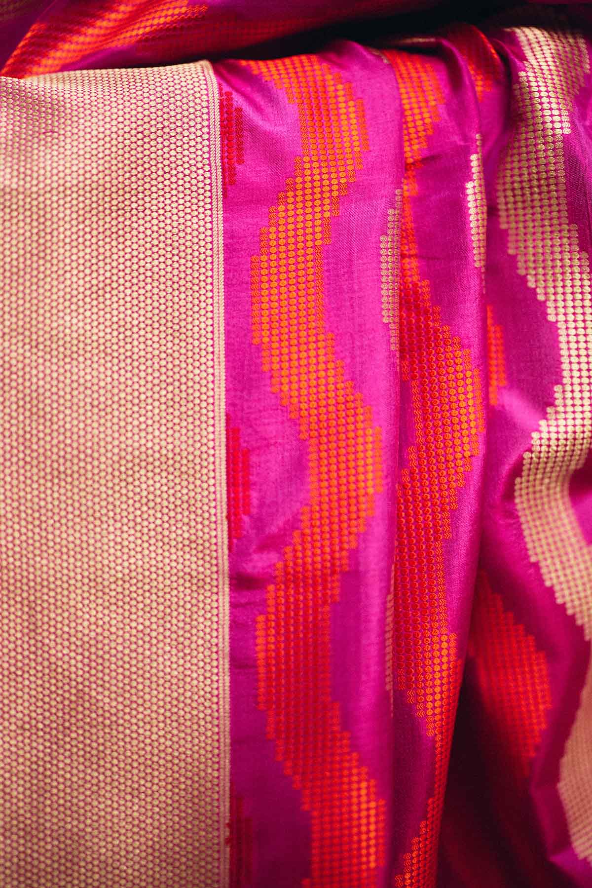 Pure Katan Silk Banarasi Saree with Contemporary Geometric Weave – Pink & Orange