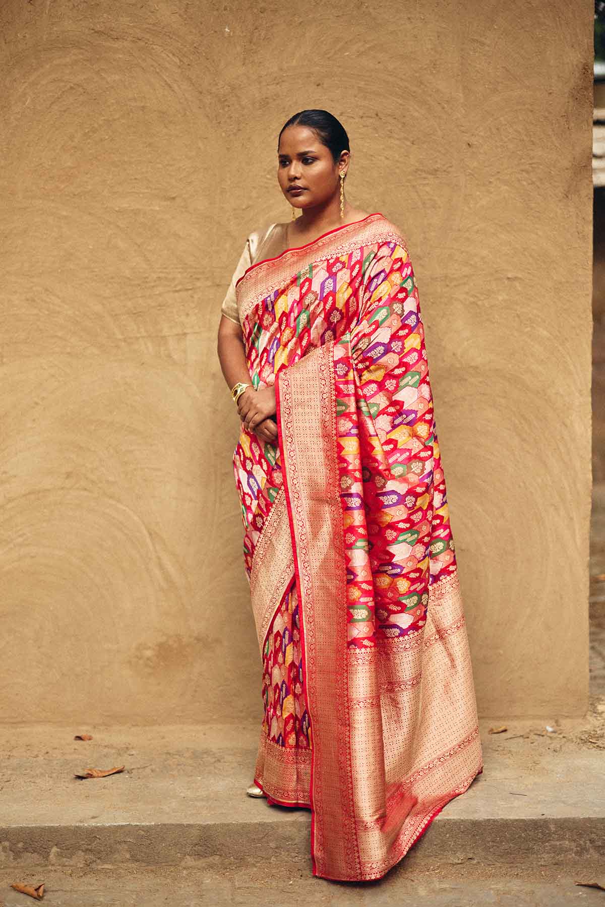 Handwoven Pure Silk Banarasi Rangkat Saree – Multicolour on Red